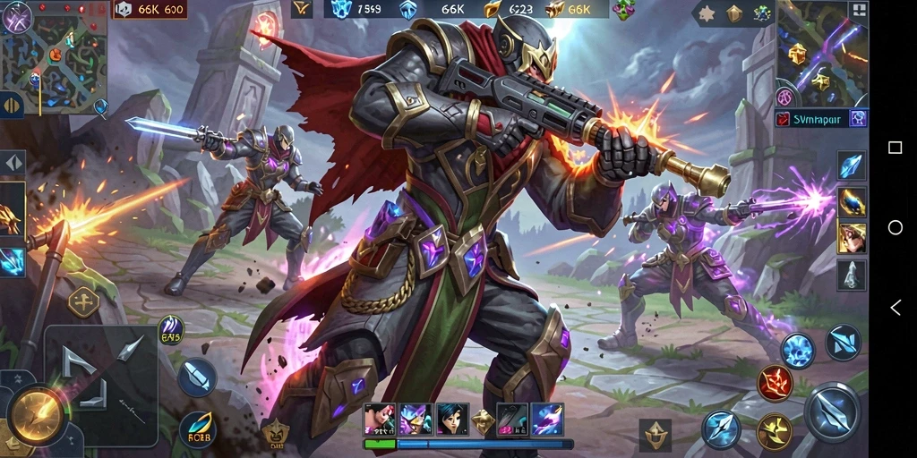 Tangkapan layar utama menampilkan pertempuran seru dalam <strong>66K</strong> MOBA.