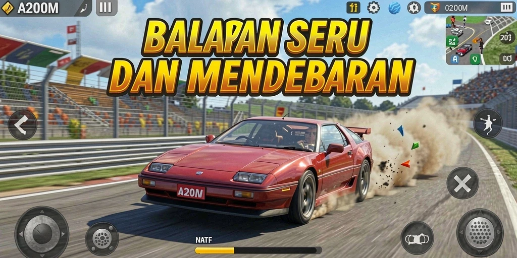 Tangkapan layar A200M menunjukkan aksi balap mendebarkan di lintasan berliku.