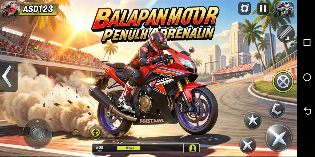 Screenshot gameplay motor racing yang mendebarkan.