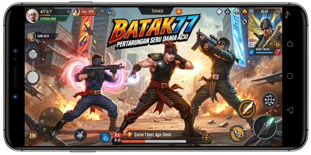 Screenshot utama BATIK77 dengan karakter beraksi di medan pertempuran.