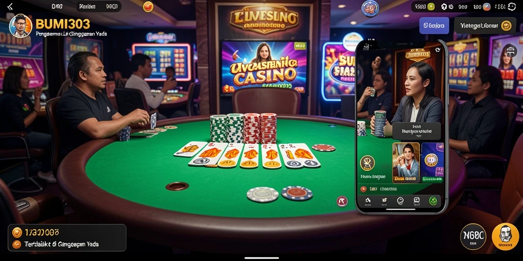 Screenshot gameplay menampilkan dealer profesional dan meja permainan Live Casino.