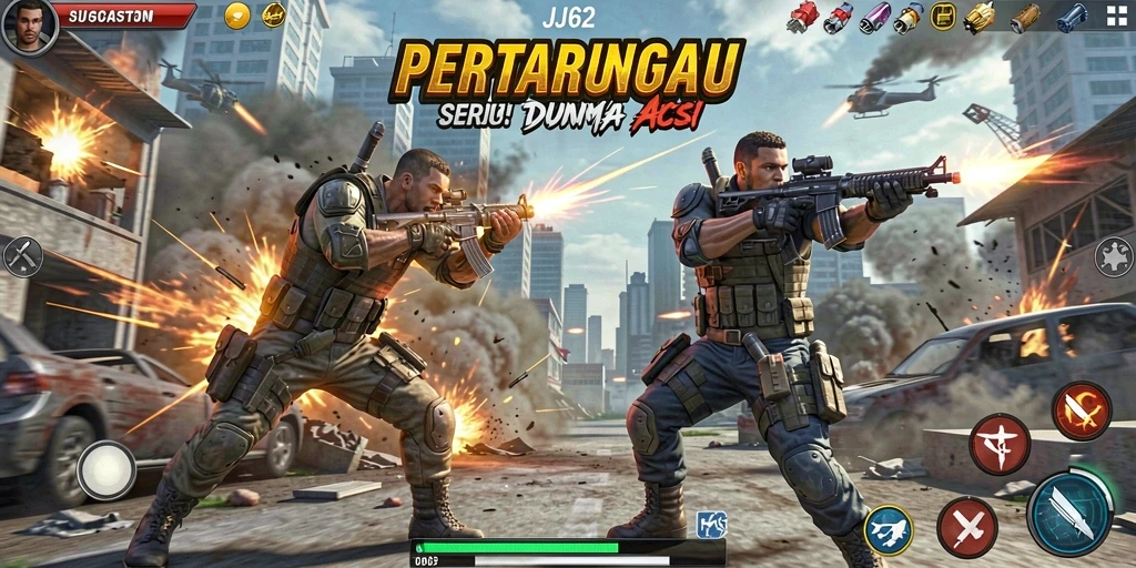 Screenshot gameplay JJ62 menampilkan aksi seru karakter melawan musuh.