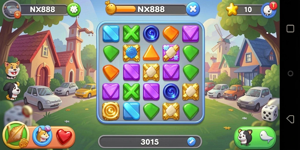 Tangkapan layar NX888 menampilkan gameplay Match-3 yang menarik dan penuh warna.