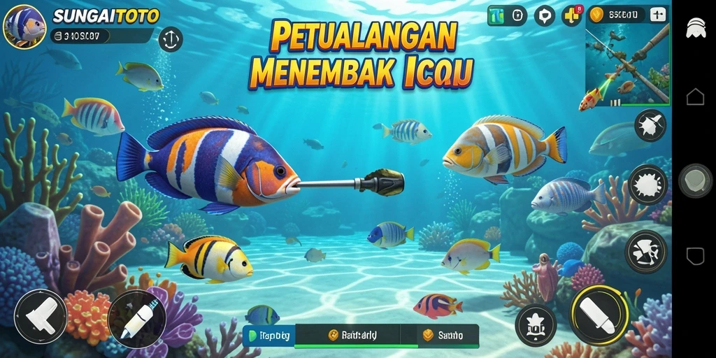Screenshot gameplay SUNGAITOTO menampilkan aksi seru menembak ikan di bawah laut.