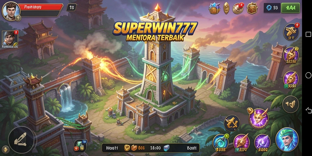 Tampilan gameplay <strong>SUPERWIN777</strong> dengan menara pertahanan yang menakjubkan.