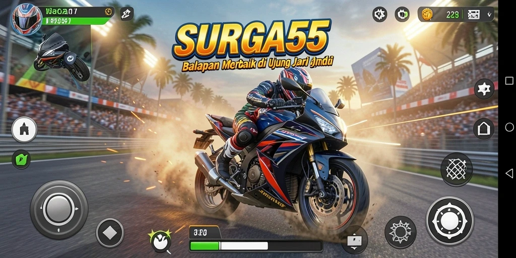 Screenshot gameplay SURGA55 yang menampilkan aksi balapan motor yang mendebarkan.